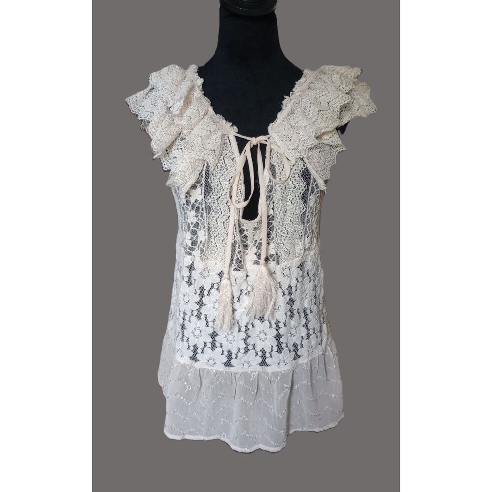 Venus Women's L Cream Lace Ruffle Sleeve See Through Blouse